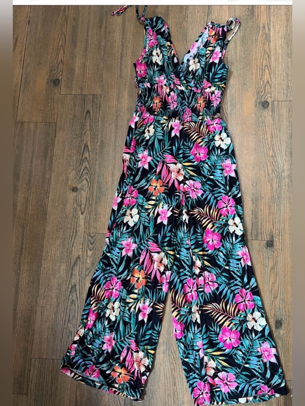 Tropical V-Neck Floral Jumpsuit in Green with Pink flowers